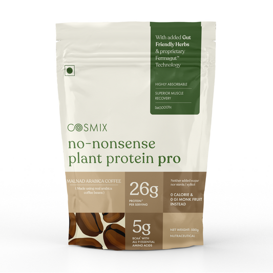 Cosmix No-Nonsense Plant Protein Pro | 26g Protein/Serve | Malnad Arabica Coffee | Yeast Powered Plant-Based Protein | PDCAAS of 1 | Light On Gut, Superior Muscle Recovery - 500g