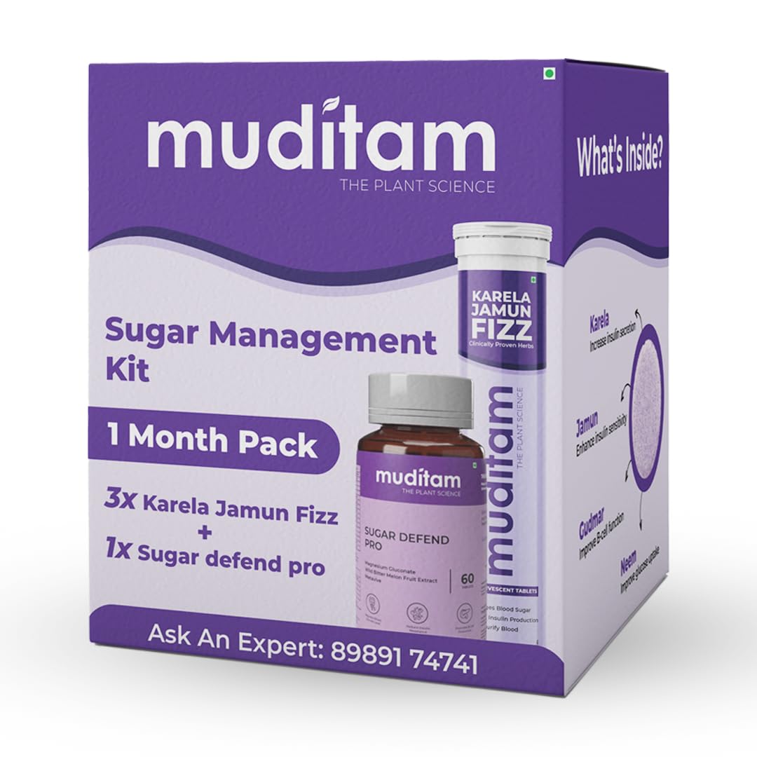 Muditam Ayurveda Sugar Management Kit Karela Jamun Fizz and Sugar Defend Pro Effervescent Tablets(Karela Jamun Juice)|Helps in High Sugar Condition|Promotes Healthy Glucose Levels| Ideal For 1 Month