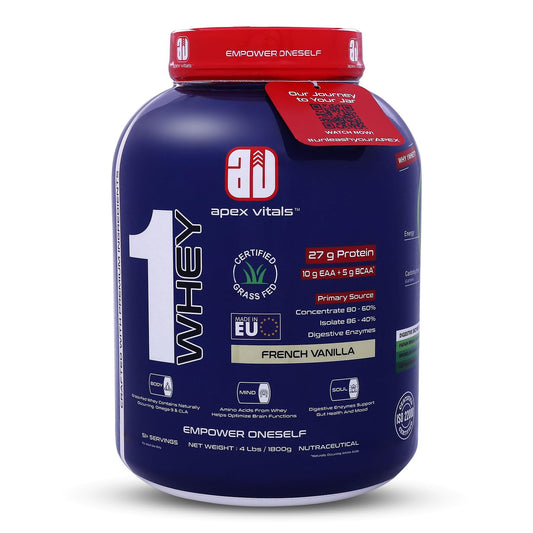 Apex Vitals 1 Whey - Grass-Fed Whey | 27g Protein, 10g EAA + 5g BCAA | Concentrate 80-60%, Isolate 86-40%, Digestive Enzymes | FDA, EFSA & FSSAI Certified|French Vanilla - 4lbs