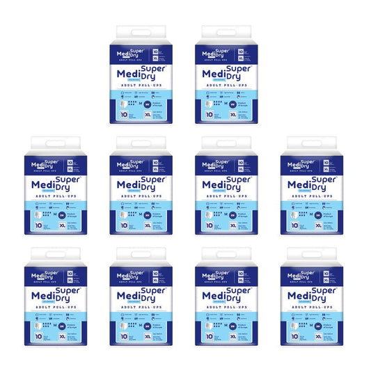 Medisuperdry Adult Diaper Pants | Extra Large (XL) |Waist 147-172 cm (58-68 inches) |High Absorbency -10 Hrs |Leakproof |Breathable |Odourless |Elastic Waist |For Men & Women | 100 Units, Pack of 10