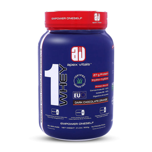 Apex Vitals 1 Whey|Grass-Fed Whey|Made In Europe|FDA,EFSA & FSSAI Certified|27g Protein, 10g EAA+ 5gBCAA|Concentrate 80-60%,Isolate 86-40%,Digestive Enzymes|2lbs (900g)25+ Ser- Dark Chocolate Orange