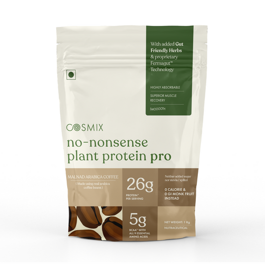 Cosmix No-Nonsense Plant Protein Pro | 26g Protein/Serve | Malnad Arabica Coffee | Yeast Powered Plant-Based Protein | PDCAAS of 1 | Light On Gut, Superior Muscle Recovery - 1kg