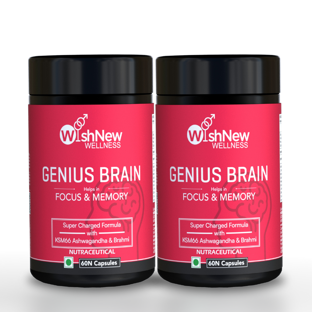 WishNew Wellness Genius Brain Booster - Advanced Nootropic for Enhanced Focus, Memory & Concentration | 60 Veg Capsules | With Mucuna, Brahmi & Ginkgo Biloba | Natural Supplement for Cognitive Support Pack of 2