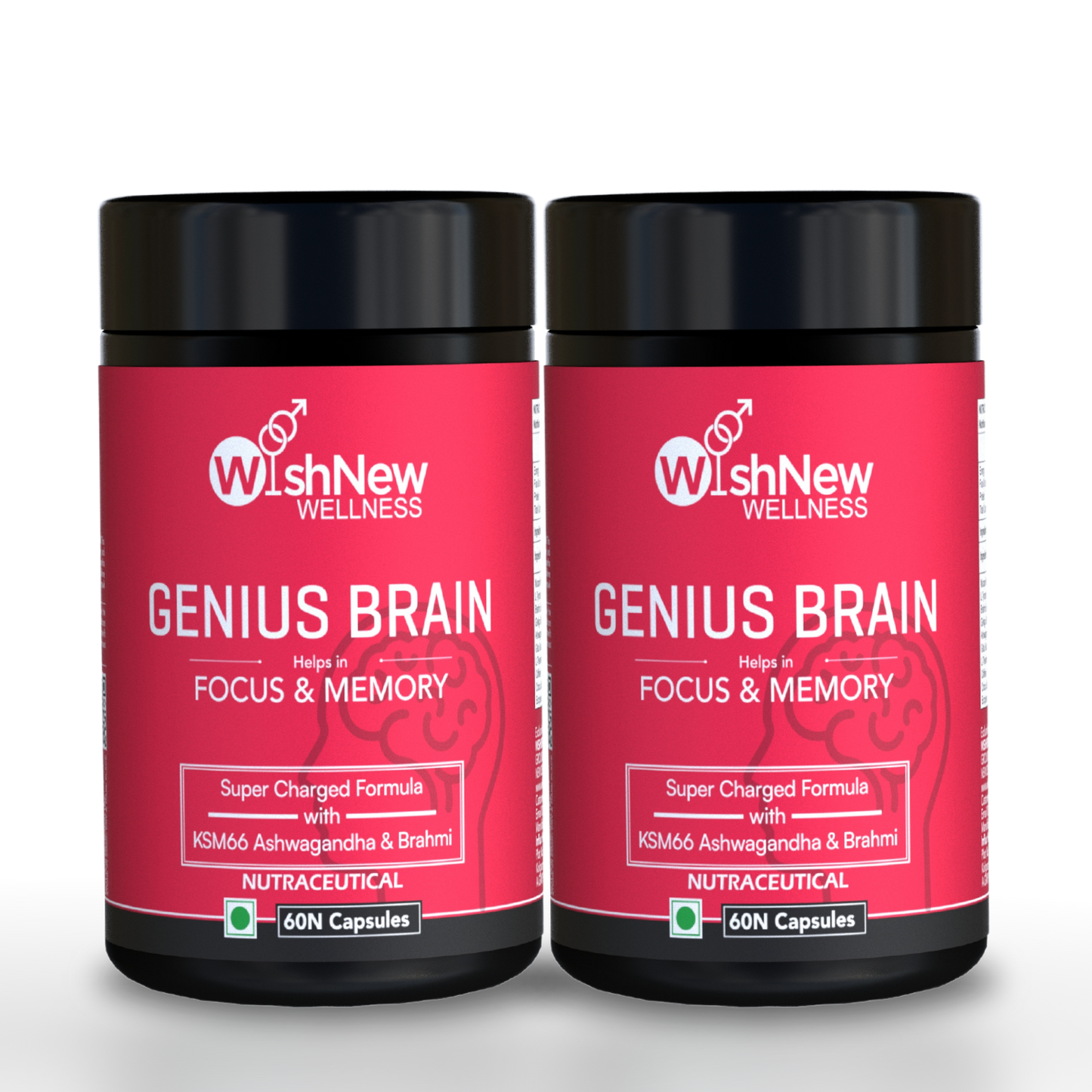 WishNew Wellness Genius Brain Booster - Advanced Nootropic for Enhanced Focus, Memory & Concentration | 60 Veg Capsules | With Mucuna, Brahmi & Ginkgo Biloba | Natural Supplement for Cognitive Support Pack of 2
