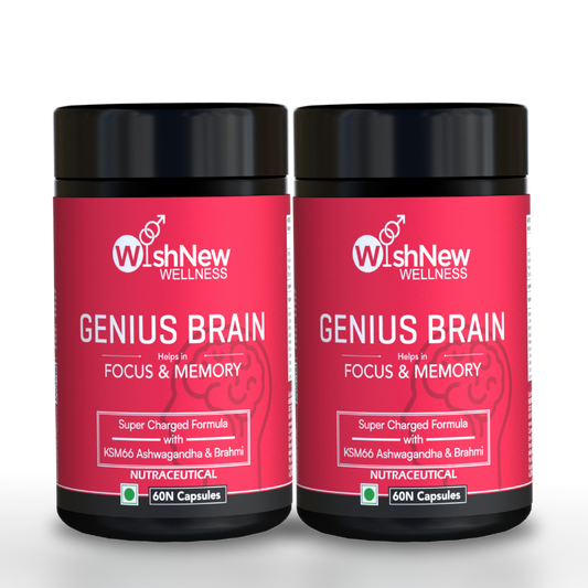 WishNew Wellness Genius Brain Booster - Advanced Nootropic for Enhanced Focus, Memory & Concentration | 60 Veg Capsules | With Mucuna, Brahmi & Ginkgo Biloba | Natural Supplement for Cognitive Support Pack of 2