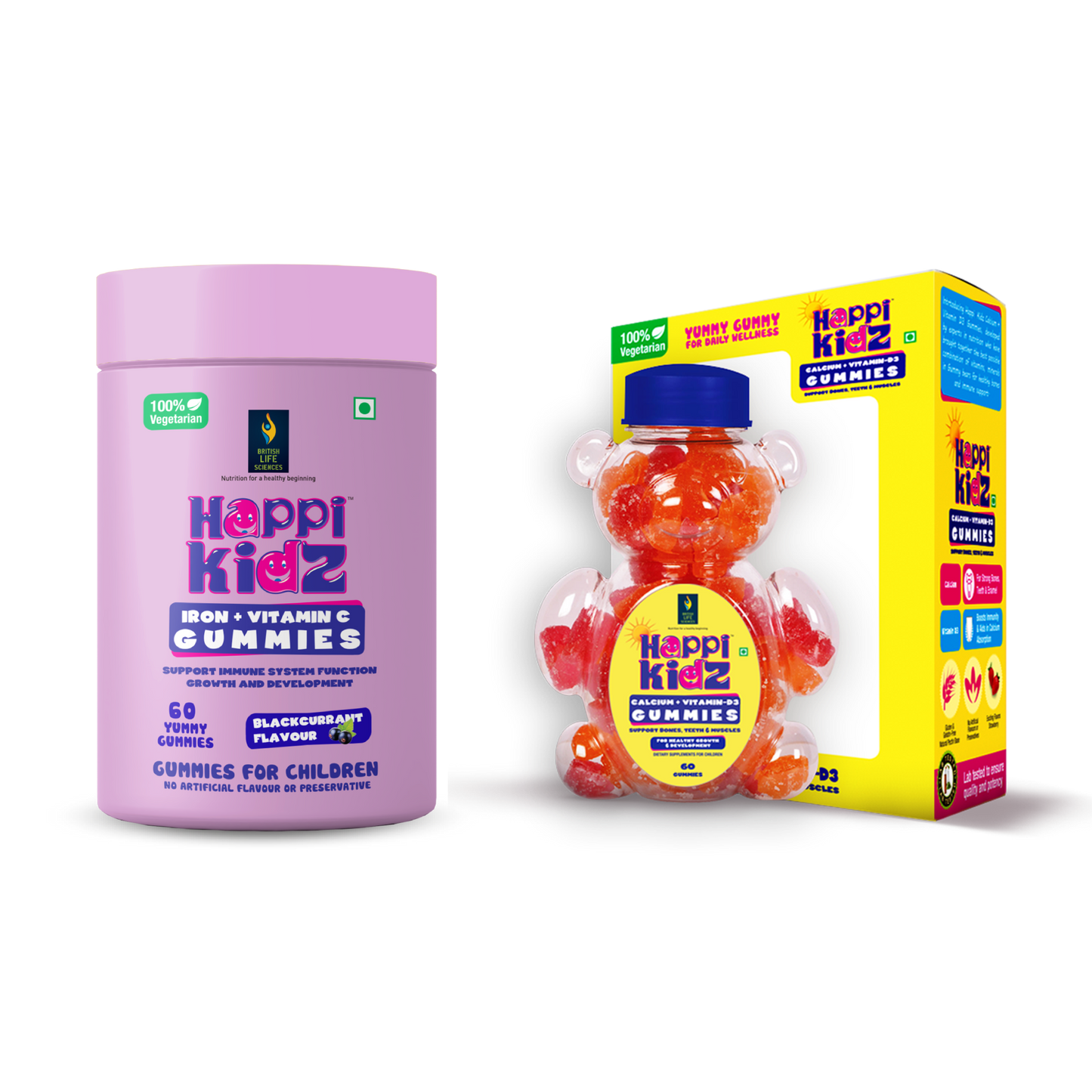 British Life Sciences Happi Kidz Calcium+Vitamin D3 Gummies & Happi Kidx Iron+Vitamin C Gummies Combo | Natural, Strong Bones, Muscles and Teeth, Boosts Immunity