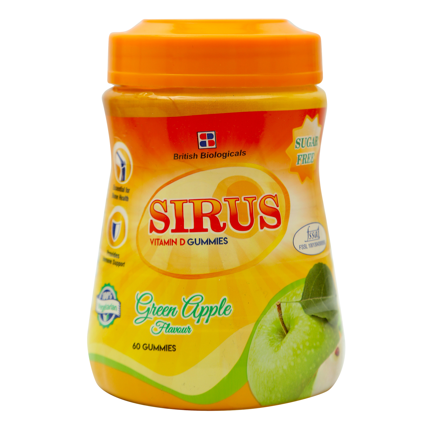 Sirus Vitamin D3 Gummies | Supports Immune System, Bones, Teeth, Brain and Nervous System | Sugar Free | Green Apple Flavor | 60 Gummies | Gluten Free | 300 g - British Biologicals