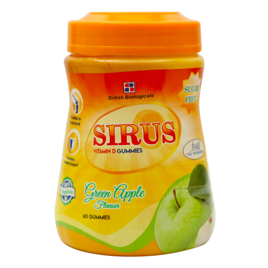 Sirus Vitamin D3 Gummies | Supports Immune System, Bones, Teeth, Brain and Nervous System | Sugar Free | Green Apple Flavor | 60 Gummies | Gluten Free | 300 g - British Biologicals