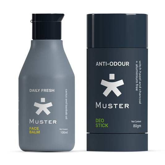 Muster Men Combo - Deo Stick & Face Balm | Aluminum-Free Deo Stick | Anti-Odour Formula | All-Day Freshness | Daily Fresh Face Balm | Post-Shave Care | Soothes Irritation | Gift Hamper for Men
