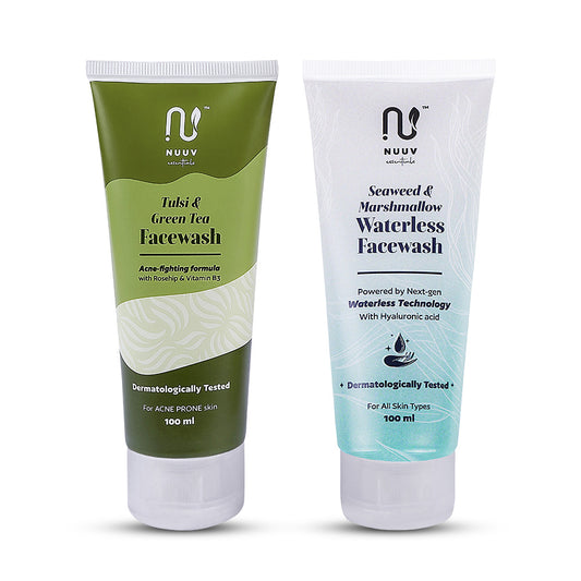 Nuuv Essential Combo - Tulsi & Green Tea Facewash & Waterless Facewash | Daily Glow Duo | Vegan | Paraben-Free | Glow and Hydration | For All Skin Types | 100ml + 100ml