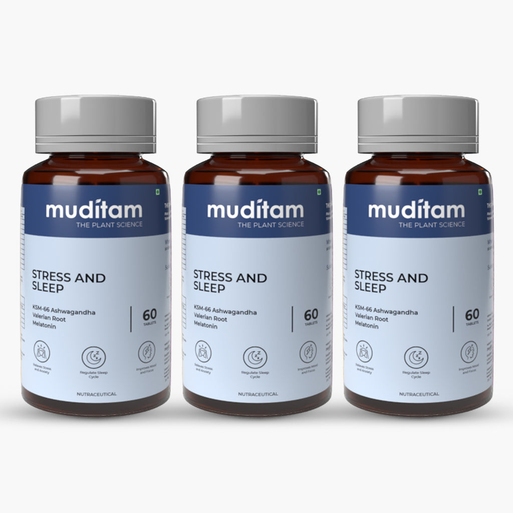 Muditam Ayurveda Stress and Sleep With Muscle Recovery & Nerve Relaxation | Helps You Sleep Soundly and Relieve Sore Muscles, Wake Up Fresh & Energetic | For Men & Women | 180 Tablets