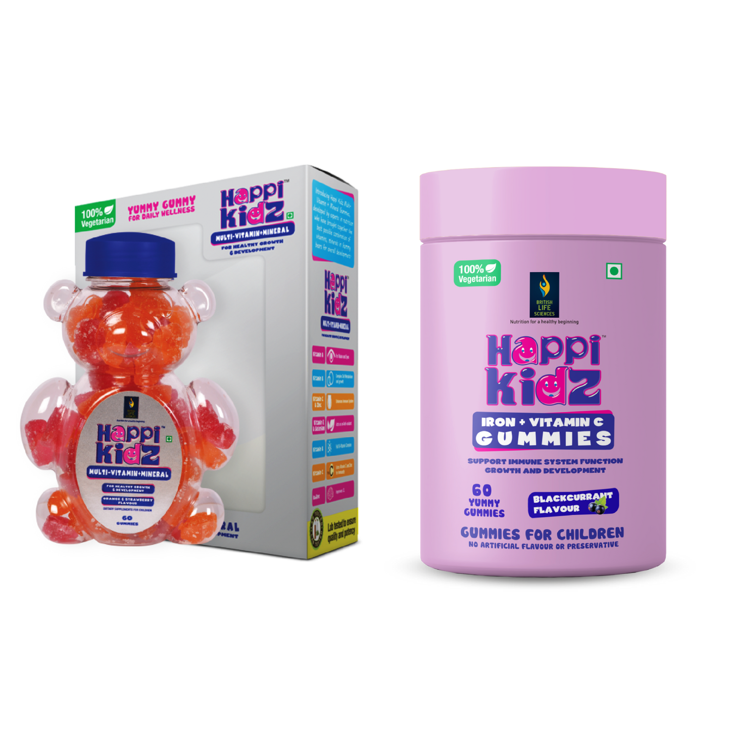 British Life Sciences Happi Kidz Multivitamin + Minerals Gummies & Happi Kidz Iron+Vitamin C Gummies Combo | Natural, Strong Bones, Muscles and Teeth, Boosts Immunity