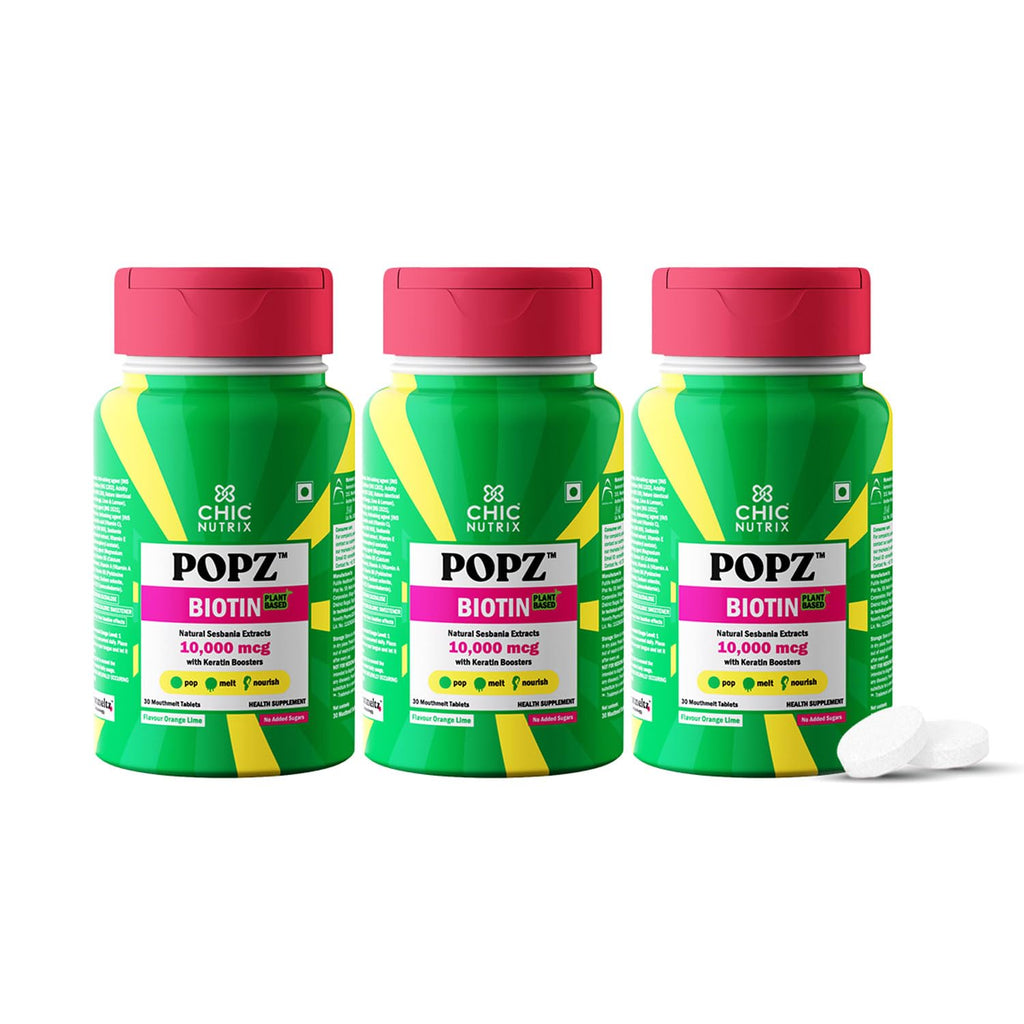 Chicnutrix Popz Biotin | 90 Mouth Meltz Tablets | 40mcg Biotin for stronger & Thicker Hair | Natural Sesbania Extract + 7 Keratin Boosters + Selenium