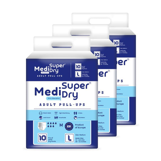 Medisuperdry Adult Diaper Pants | Large (L) |Waist 101-152 cm (40-60 inches) |High Absorbency -10 Hrs |Rash-Free |Leakproof |Breathable |Odourless |Elastic Waist |For Men & Women | 30 Units, Pack of 3