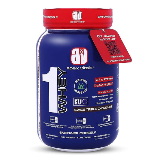 Apex Vitals 1 Whey|Grass-Fed Whey|Made In Europe|FDA,EFSA & FSSAI Certified|27g Protein, 10g EAA+ 5g BCAA|Concentrate 80-60%,Isolate 86-40%,Digestive Enzymes|2lbs (900g)-25+ Ser-Swiss Triple Chocolate