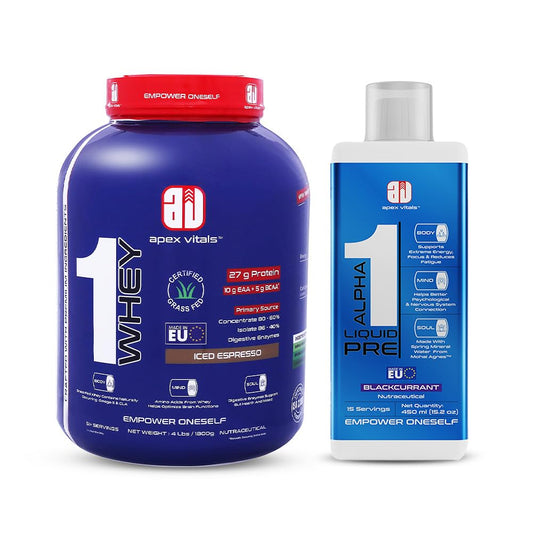 Apex Vitals - 1 Whey Protein Blend 4 lbs + Alpha 1 Pre-Workout Combo | Grass-Fed Protein Powder | Mohai Ignes Mineral Water | Muscle Strength & Recovery | Iced Espresso (4lbs)