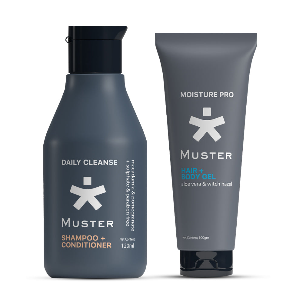 Muster Men Hair & Body Care Set | Aloe Vera Hair & Body Gel | Deep Cleanse Shampoo & Conditioner | Sulphate & Paraben Free | Gentle Care for Hair, Body, and Skin | Men Grooming Essentials