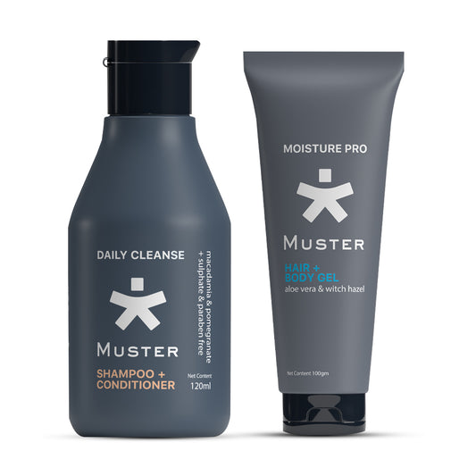 Muster Men Hair & Body Care Set | Aloe Vera Hair & Body Gel | Deep Cleanse Shampoo & Conditioner | Sulphate & Paraben Free | Gentle Care for Hair, Body, and Skin | Men Grooming Essentials