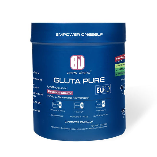 Apex Vitals Gluta Pure L Glutamine 300 G - 60 Ser | German made | Pharma Grade | Made In Europe | FDA, EFSA & FSSAI Certified | Fermented & 100% Micronized | No Chemical Processing & Vegetarian Source