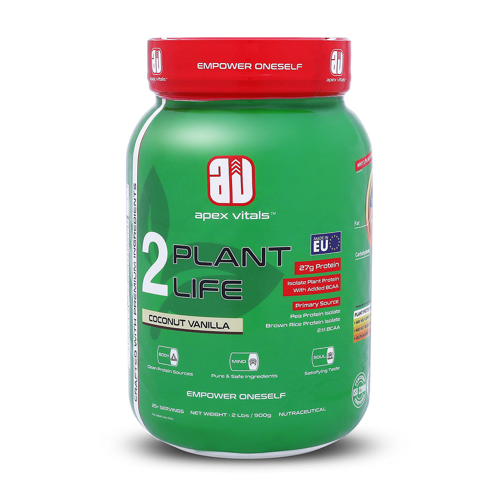 Apex Vitals 2 Plant Life - Natural Vegan Plant Protein Powder | Pea & Brown Rice Isolate|27g Protein, 2000mg BCAA| Easy to Digest |FDA, EFSA & FSSAI Certified |Vegan| Coconut Vanilla - 2 lbs, Shaker, Samples