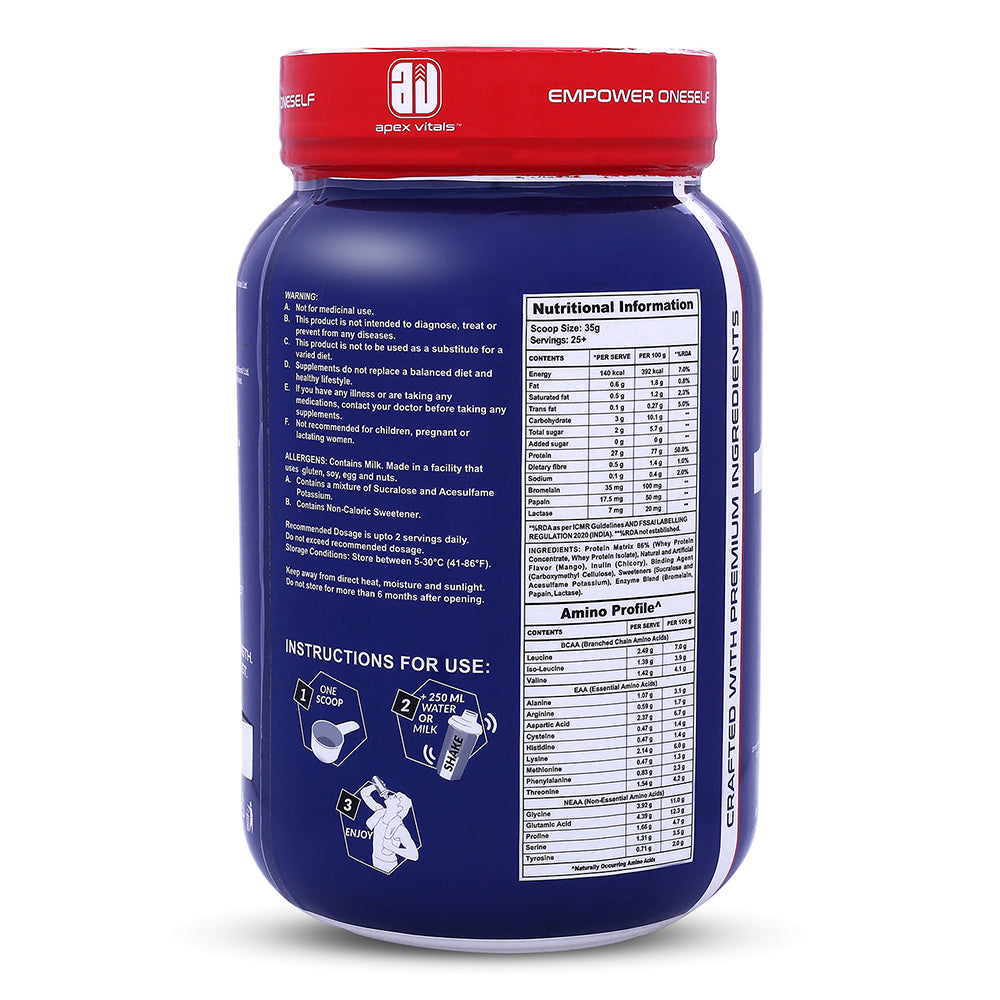 Apex Vitals 1 Whey|Grass-Fed Whey|Made In Europe|FDA,EFSA & FSSAI Certified|27g Protein, 10g EAA+ 5g BCAA|Concentrate 80-60%, Isolate 86-40%,Digestive Enzymes|2lbs (900g)-25+ Ser- Mango Cheesecake