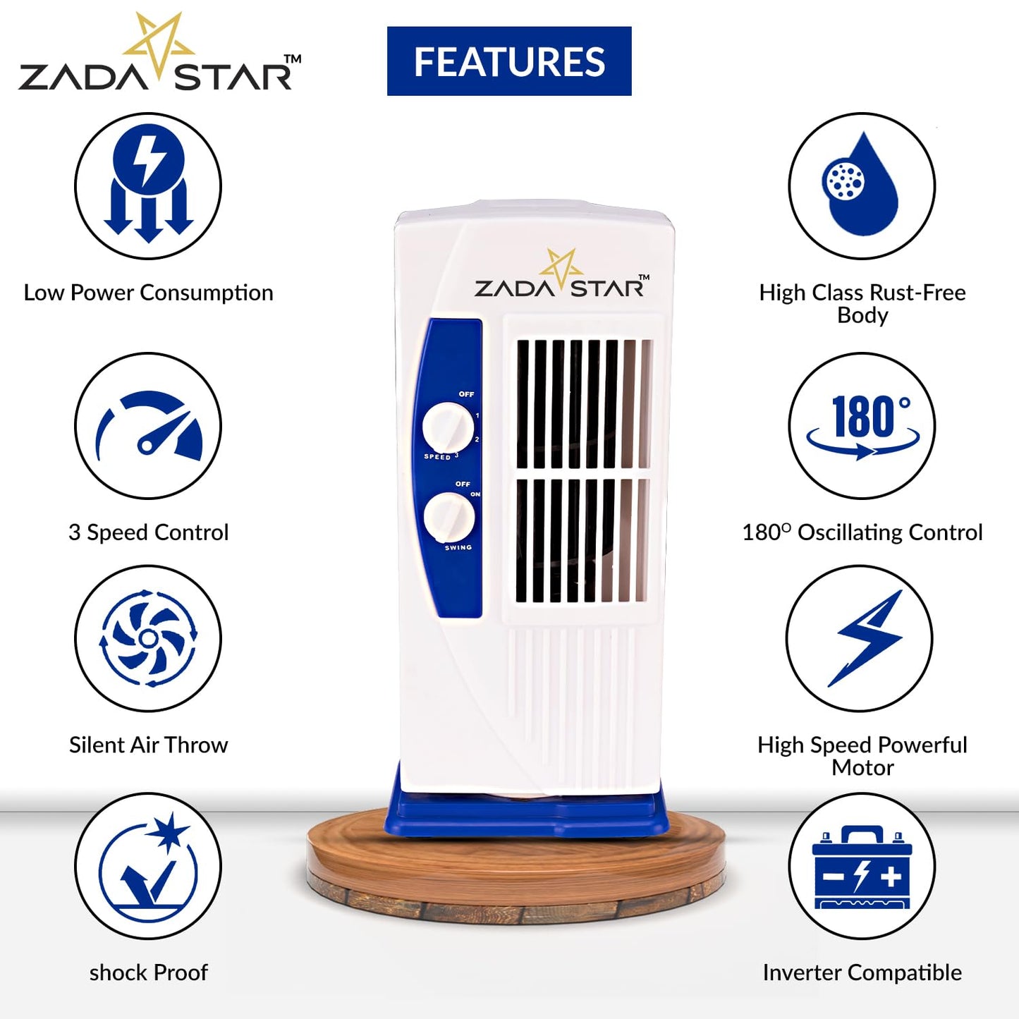 ZADASTAR ZS PERSONAL (MINI) TOWER FAN | 15 Feet Air-Throw | Rust-free Body | Mini Tower fan | Child-safe (Blue)