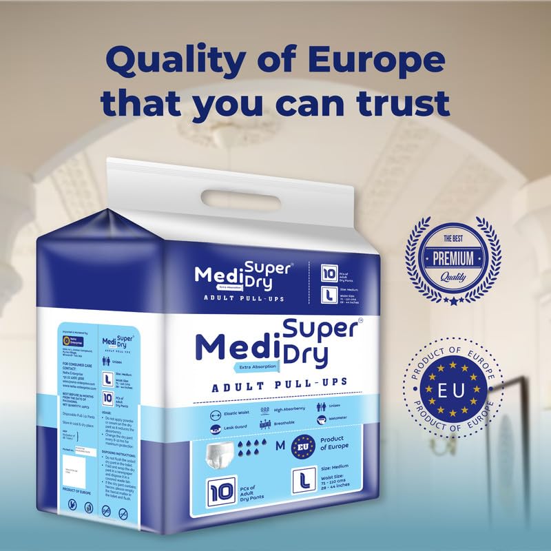 Medisuperdry Adult Diaper Pants | Large (L) |Waist 101-152 cm (40-60 inches) |High Absorbency -10 Hrs |Rash-Free |Leakproof |Breathable |Odourless |Elastic Waist |For Men & Women | 50 Units, Pack of 5