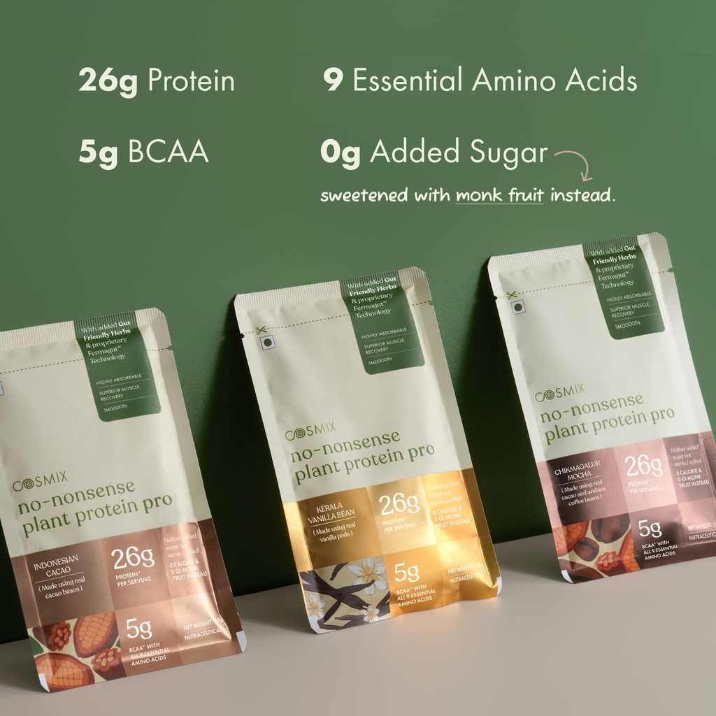 Cosmix No-Nonsense Plant Protein Pro | 26g Protein/Serve | Assorted Flavours | Yeast Powered Plant-Based Protein | PDCAAS of 1 | Light On Gut, Superior Muscle Recovery - 38g (Pack of 4 Sachets)