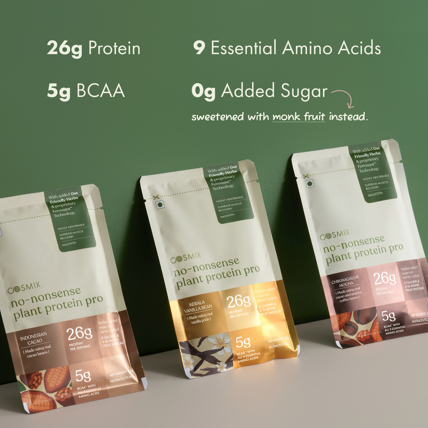 Cosmix No-Nonsense Plant Protein Pro | 26g Protein/Serve | Assorted Flavours | Yeast Powered Plant-Based Protein | PDCAAS of 1 | Light On Gut, Superior Muscle Recovery - 38g (Pack of 4 Sachets)