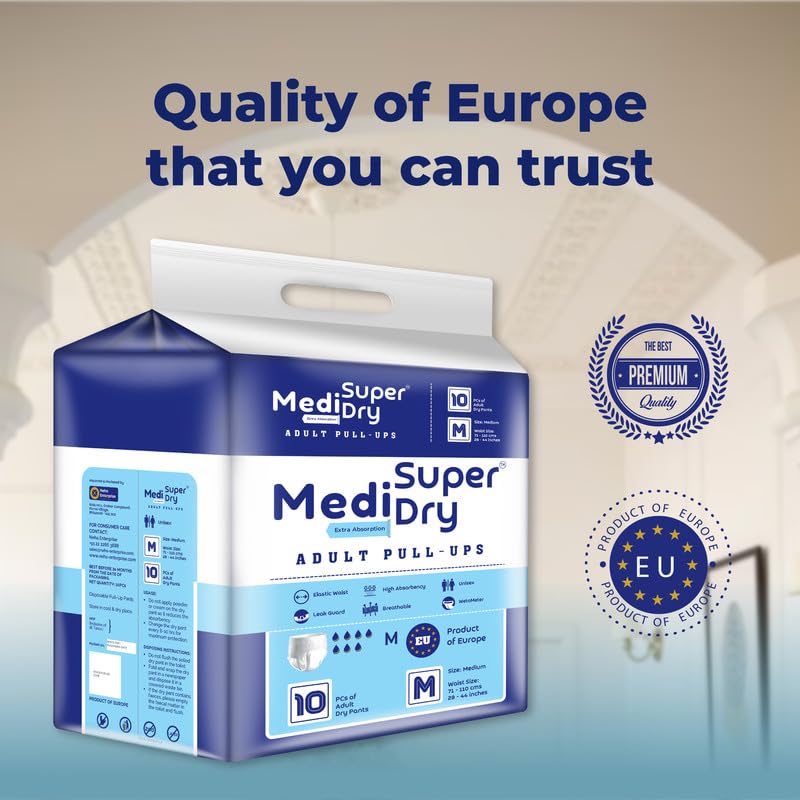 Medisuperdry Adult Diaper Pants | Medium (M) |Waist 71-110 cm (28-44 inches) |High Absorbency -10 Hrs |Rash-Free |Leakproof |Breathable |Odourless |Elastic Waist |For Men & Women 100 Units, Pack of 10