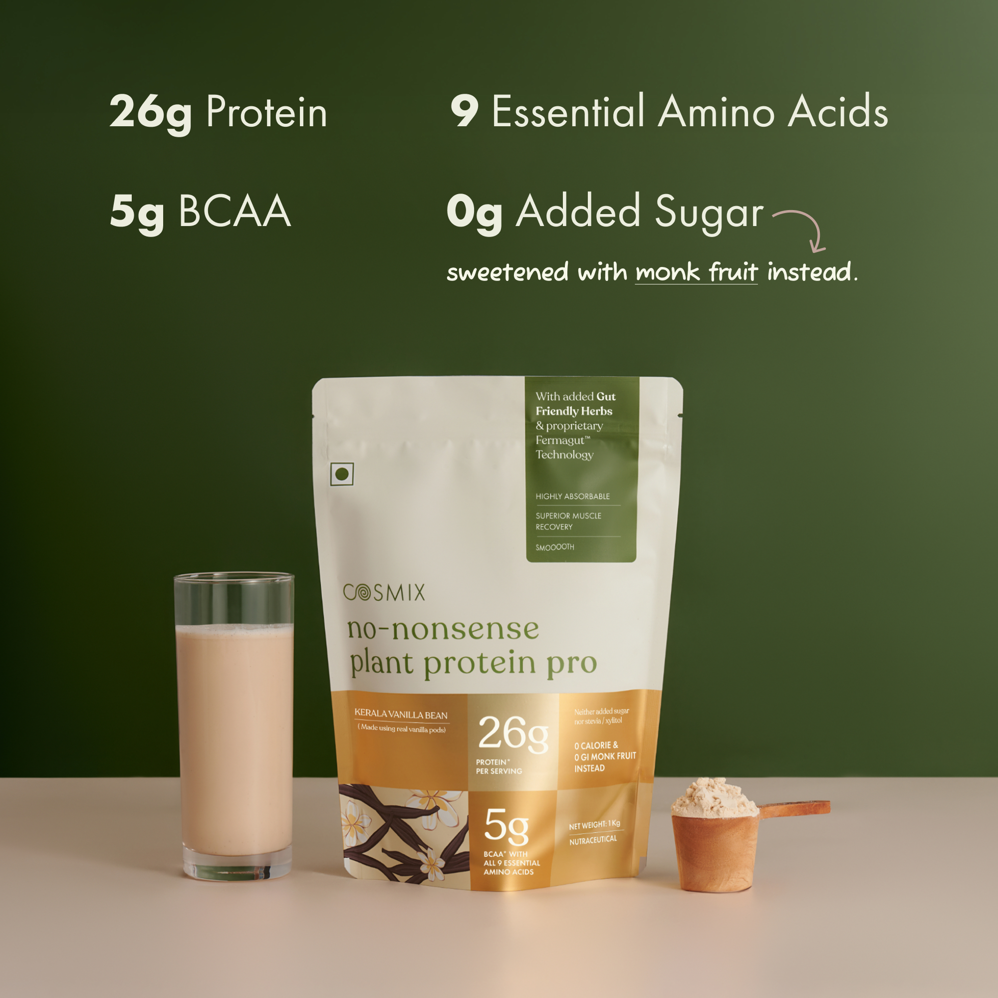 Cosmix No-Nonsense Plant Protein Pro | 26g Protein/Serve | Kerala Vanilla Bean | Yeast Powered Plant-Based Protein | PDCAAS of 1 | Light On Gut, Superior Muscle Recovery - 500g