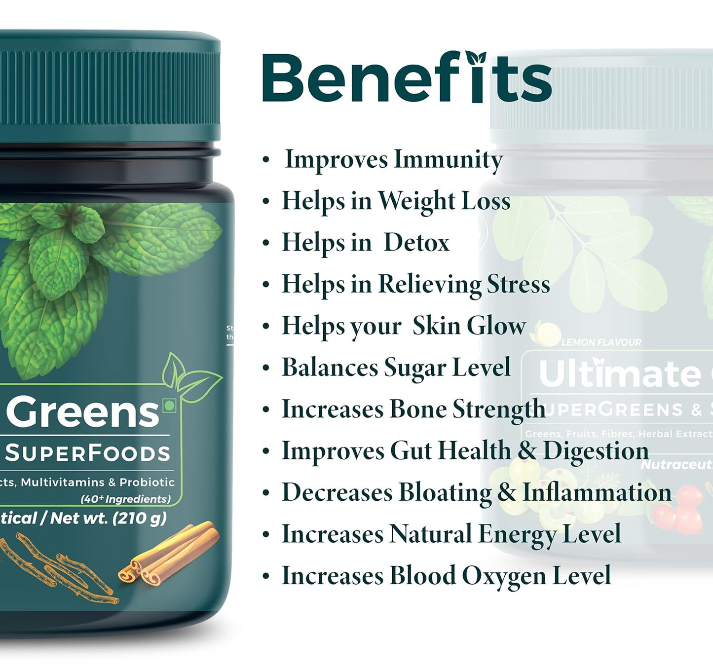 Ultimate Greens Vitamin Supplements enhances Digestion, Immunity(210gms)-Green juice mix , 40+ ingredients like ashwagandha, spirulina, moringa, amla, spinach, fruits, fibers, herbs, multivitamins & probiotic blend-(30 serv)