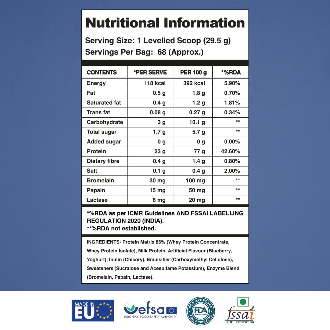 Apex Vitals 1 Whey | Grass-Fed Whey | Made In Europe | FDA,EFSA & FSSAI Certified | 23g Protein, 13g EAA+BCAA | Concentrate 60%, Isolate 40%,Digestive Enzymes | 2Kg-67 Ser-Blueberry Yoghurt