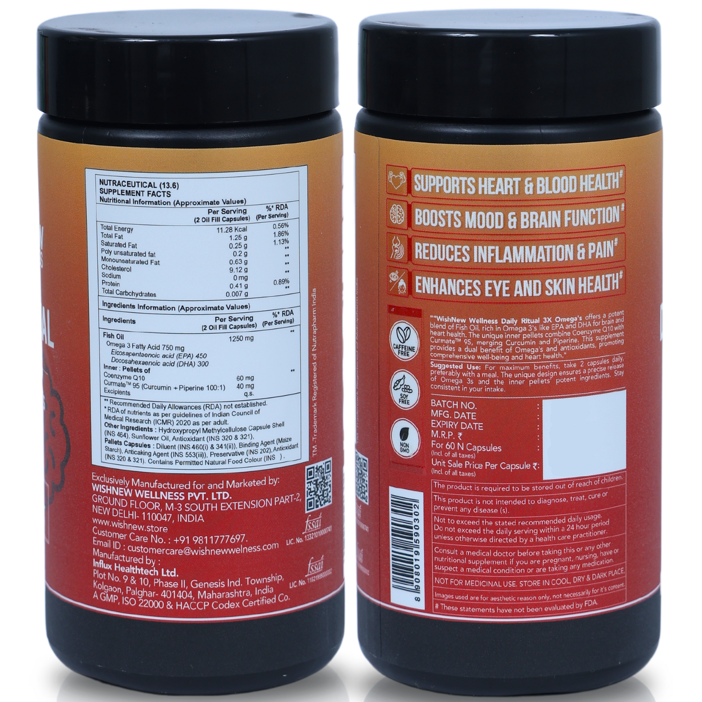 WishNew Wellness DAILY RITUAL with Triple Strength Fish Oil & CoQ-10 | Enhanced Heart & Brain Health | 60 Liquid Capsules with CoQ10 Pellets | High Potency Omega-3, EPA, DHA for Wellbeing