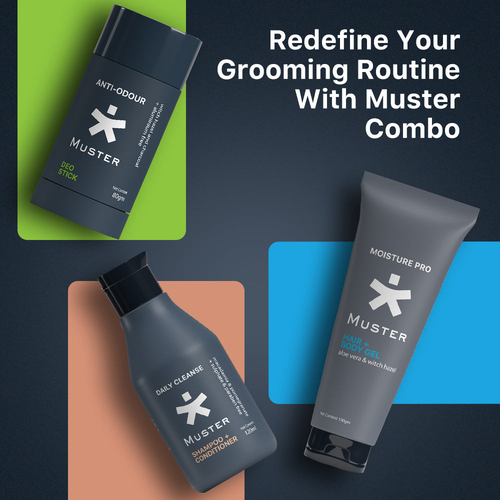 Muster Men Grooming Set | Aloe Vera Hair & Body Gel | Deep Cleanse Shampoo & Conditioner | Sulphate & Paraben Free | Anti-Odor Deo Stick | All-Day Freshness | Men Grooming Essentials