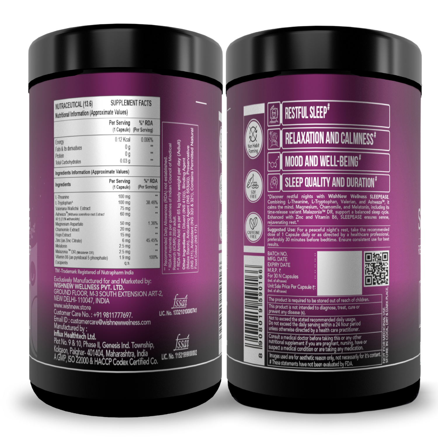 WishNew Wellness SLEEPEASE | 30 Veg Capsules | Advanced Sleep Formula | L-Theanine, Melatonin, Valerian, Ashwagandha | Deep Restful Sleep | Non-Habit Forming | 100% Vegetarian | Enhanced Relaxation Pack of 2