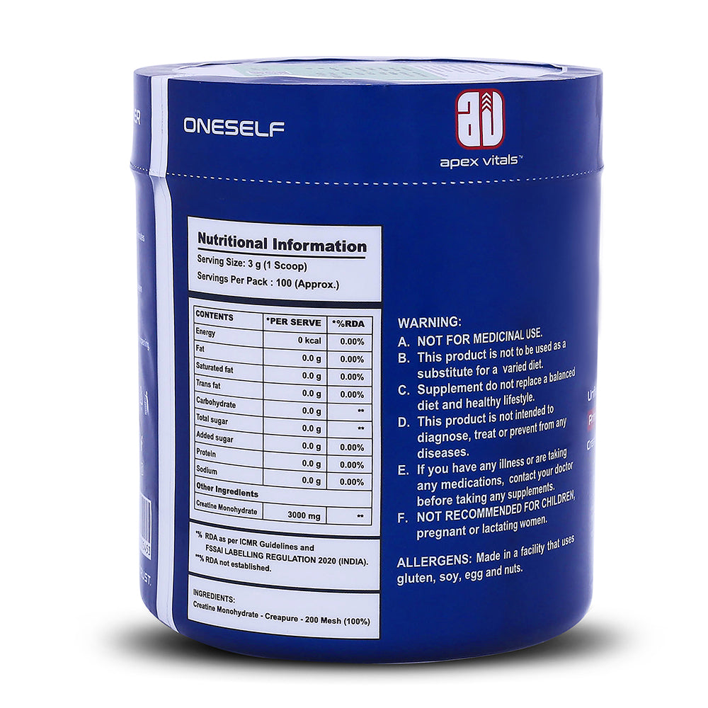 Apex Vitals Crea Mono Micronized Creatine Monohydrate 300 G - 100 Ser | German Made | Pharma Grade | Made In Europe | FDA,EFSA & FSSAI Certified | 200 Mesh - Highest Filteration | Fermented & Vegetarian Source