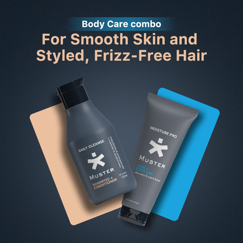Muster Men Hair & Body Care Set | Aloe Vera Hair & Body Gel | Deep Cleanse Shampoo & Conditioner | Sulphate & Paraben Free | Gentle Care for Hair, Body, and Skin | Men Grooming Essentials