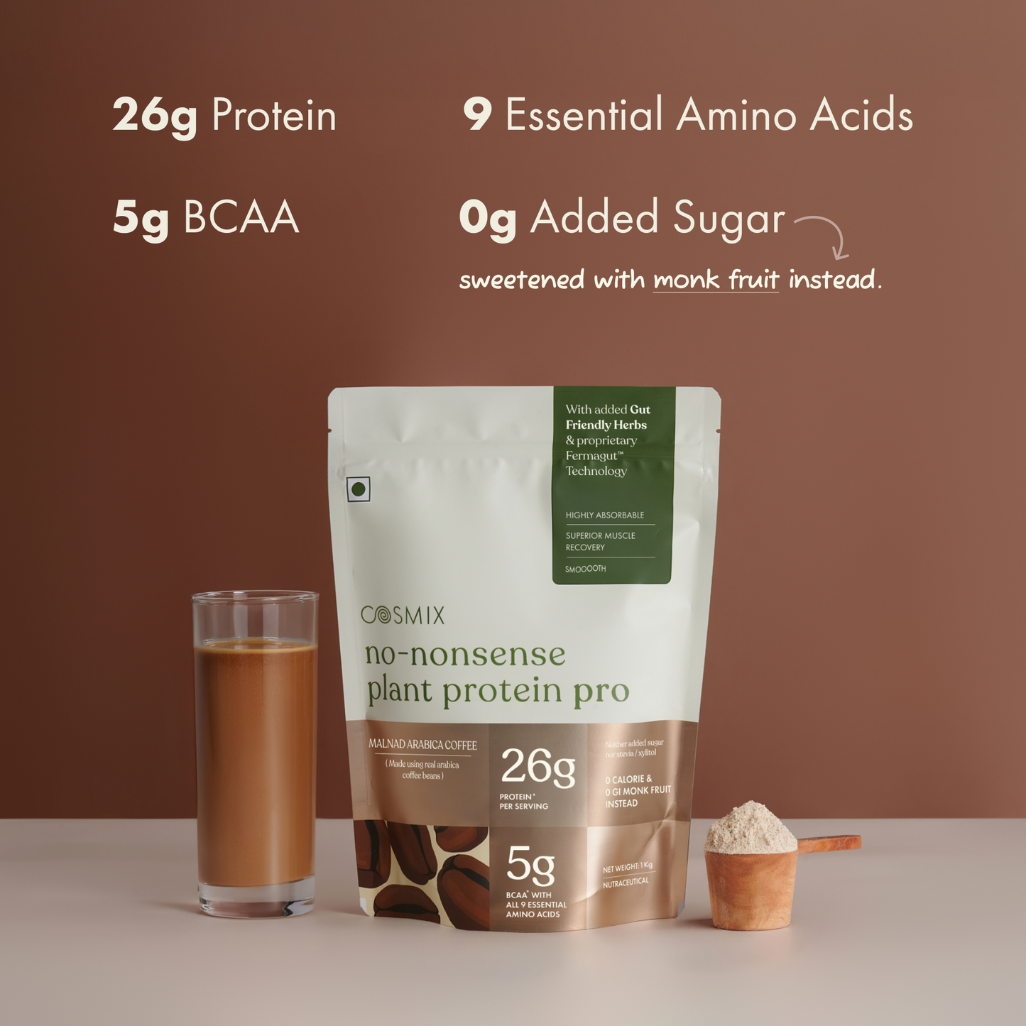 Cosmix No-Nonsense Plant Protein Pro | 26g Protein/Serve | Malnad Arabica Coffee | Yeast Powered Plant-Based Protein | PDCAAS of 1 | Light On Gut, Superior Muscle Recovery - 1kg