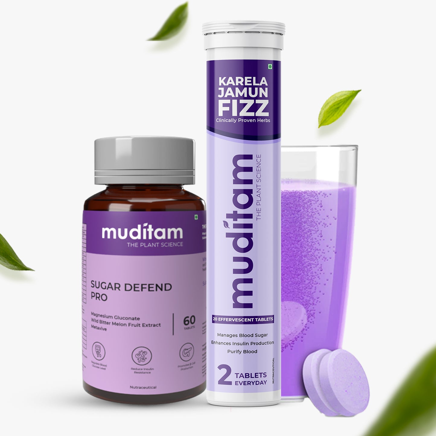 Muditam Ayurveda Sugar Management Kit Karela Jamun Fizz and Sugar Defend Pro Effervescent Tablets(Karela Jamun Juice)|Helps in High Sugar Condition|Promotes Healthy Glucose Levels| Ideal For 3 Months