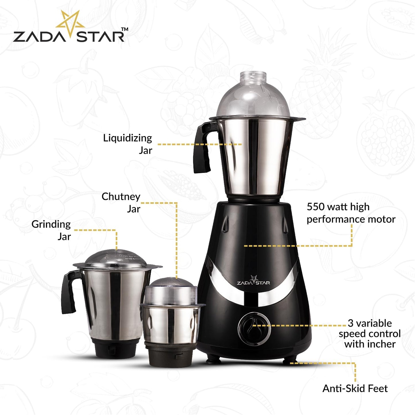 ZADASTAR ZS LUSTRA 550W Mixer Grinder | 3 Jars | Black and Silver | Overload Protection | 1 Year Replacement Warranty