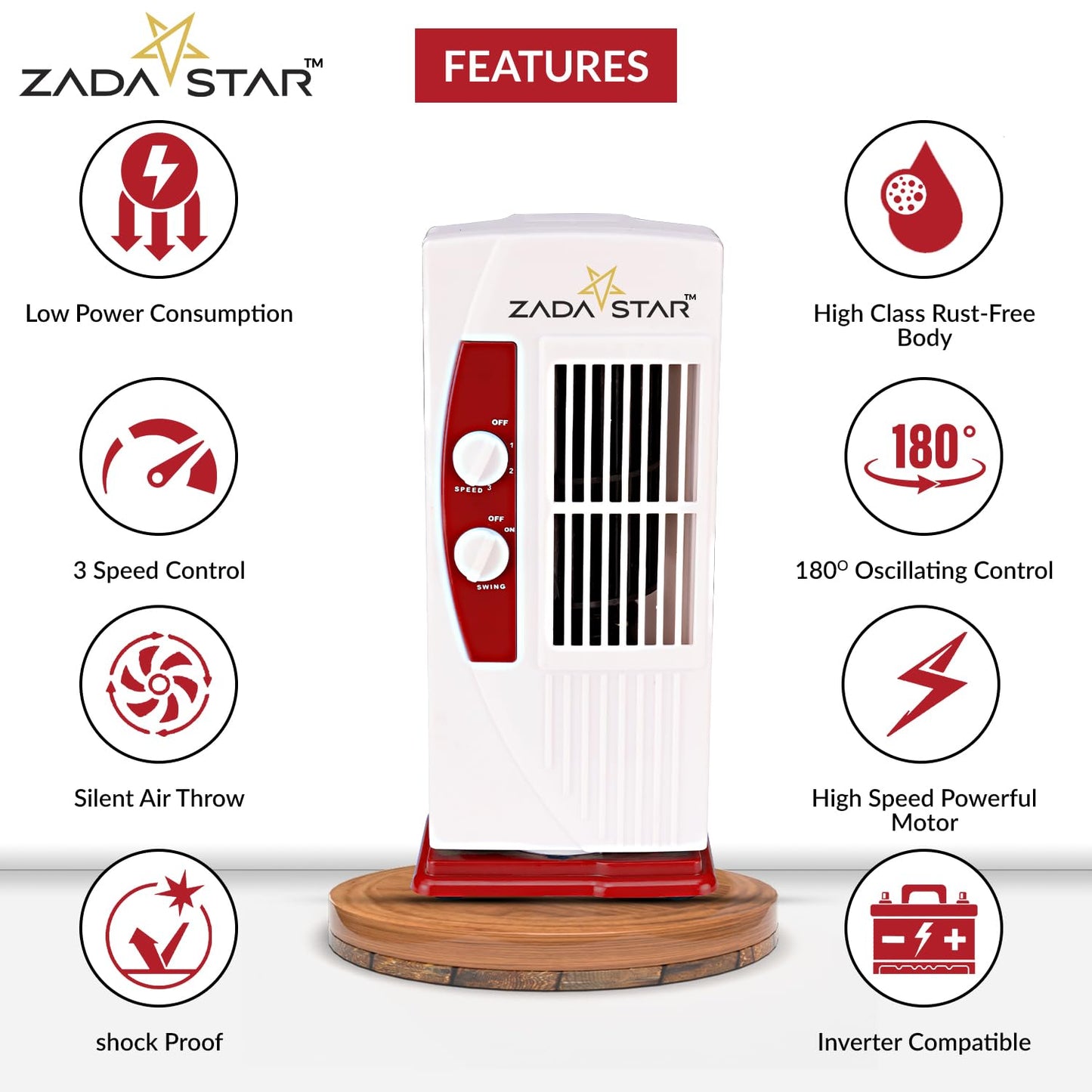 ZADASTAR ZS PERSONAL TOWER FAN | 15 Feet Air-Throw | Rust-free Body | Mini Tower fan | Child-safe (Red)