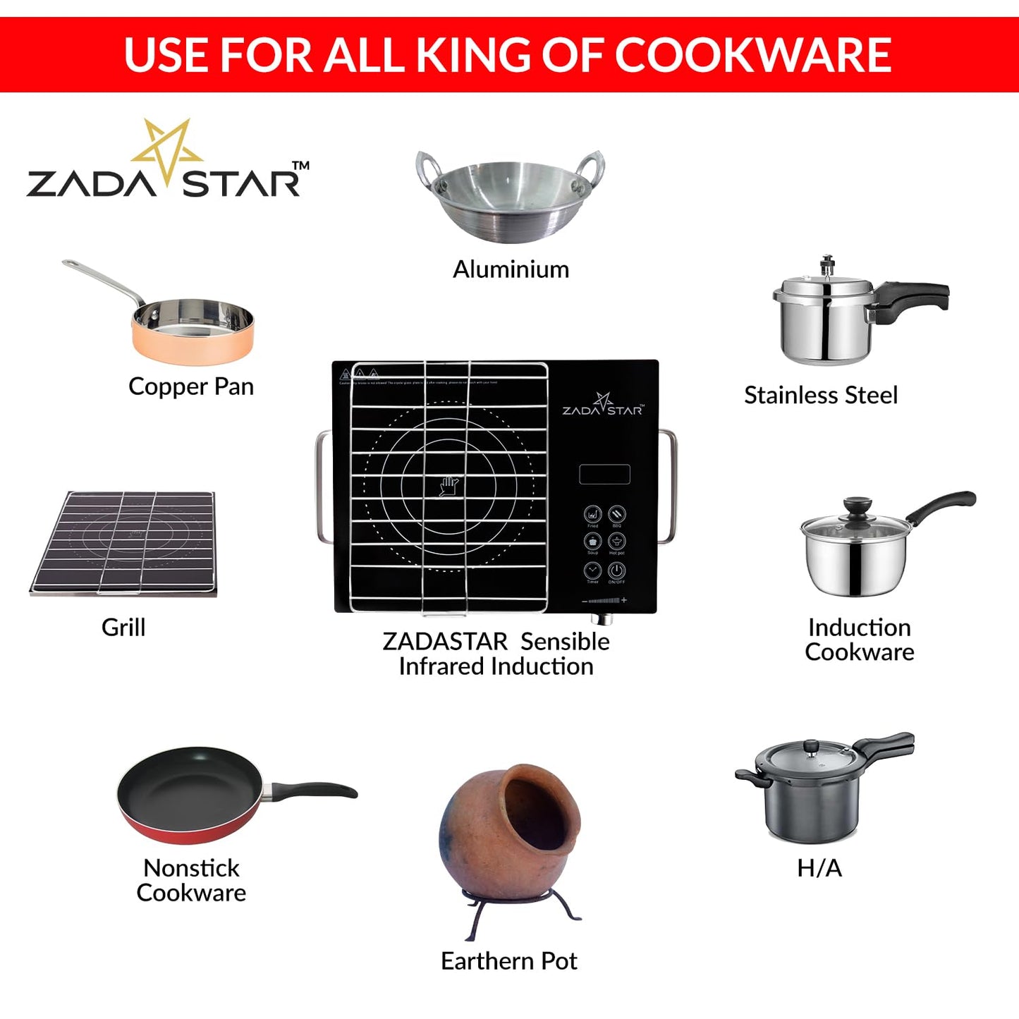 ZADASTAR ZS INFRARED COOKTOP WITH KNOB AND STAINLESS STEEL GRILL | Use All Kinds of Utensils and Dishes | 2200W Power | Cooking Presets | LED Display | 1 YEAR WARRANTY