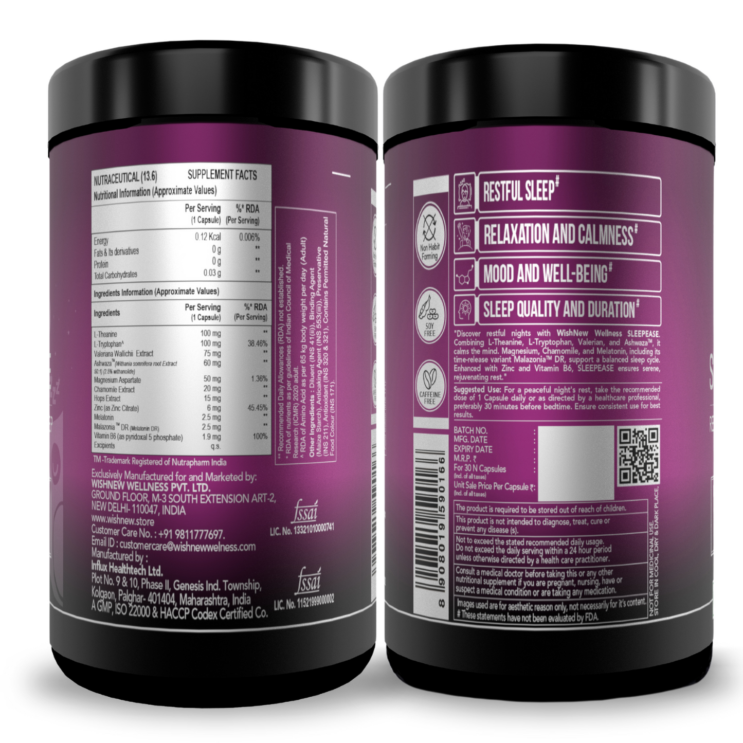 WishNew Wellness SLEEPEASE | 30 Veg Capsules | Advanced Sleep Formula | L-Theanine, Melatonin, Valerian, Ashwagandha | Deep Restful Sleep | Non-Habit Forming | 100% Vegetarian | Enhanced Relaxation