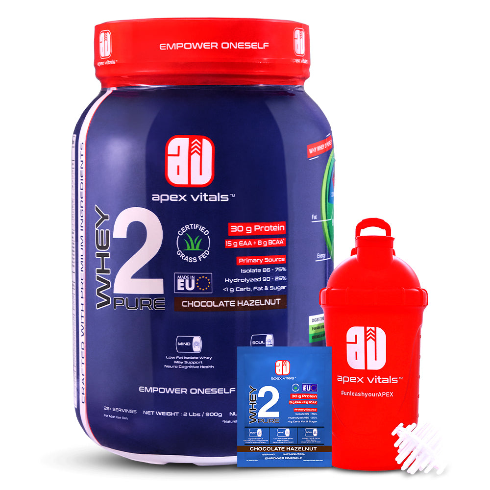 Apex Vitals Whey 2 Pure - Grass-Fed Whey Made in EU | Whey Isolate & Hydrolyzed | 30g Protein, 15g EAA, 8g BCAA | Digestive Enzymes | Muscle Build & Recovery |Chocolate Hazelnut - 900g 2 lbs, Shakers, Samples