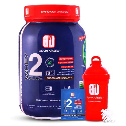 Apex Vitals Whey 2 Pure - Grass-Fed Whey Made in EU | Whey Isolate & Hydrolyzed | 30g Protein, 15g EAA, 8g BCAA | Digestive Enzymes | Muscle Build & Recovery |Chocolate Hazelnut - 900g 2 lbs, Shakers, Samples