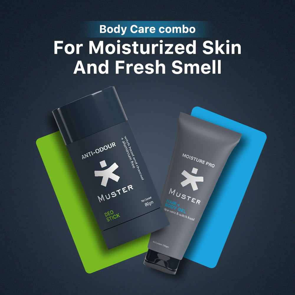 Muster Men Combo - Deo Stick & Hair & Body Gel | Aluminum-Free Deo Stick | Anti-Odour Formula | All-Day Freshness | Aloe Vera Hair & Body Gel | Gentle Care for Hair & Body | Men Grooming Essentials