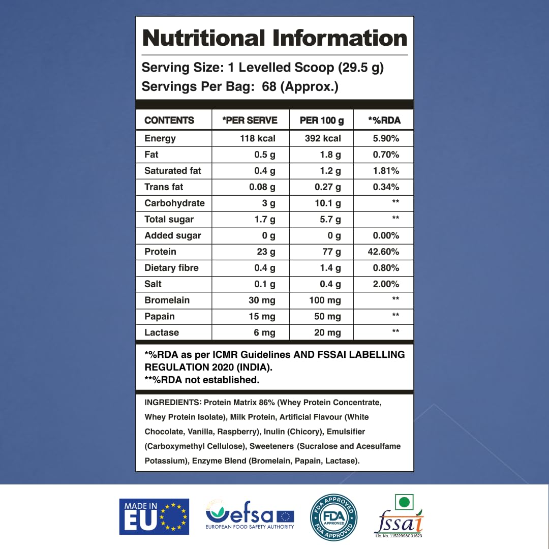 Apex Vitals 1 Whey | Grass-Fed Whey | Made In Europe | FDA,EFSA & FSSAI Certified | 23g Protein, 13g EAA+BCAA | Concentrate 60%, Isolate 40%,Digestive Enzymes | 2Kg-67 Ser-White Chocolate Raspberry