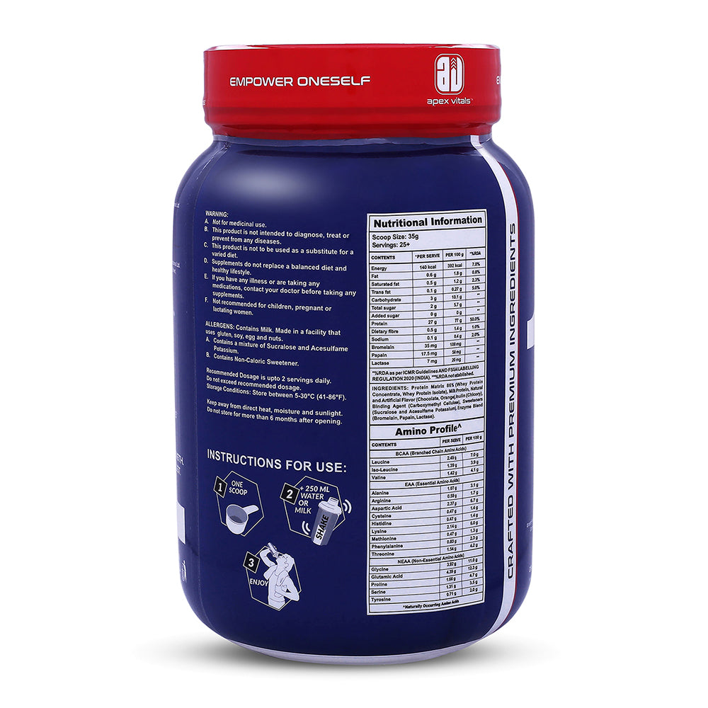 Apex Vitals 1 Whey|Grass-Fed Whey|Made In Europe|FDA,EFSA & FSSAI Certified|27g Protein, 10g EAA+ 5gBCAA|Concentrate 80-60%,Isolate 86-40%,Digestive Enzymes|2lbs (900g)25+ Ser- Dark Chocolate Orange