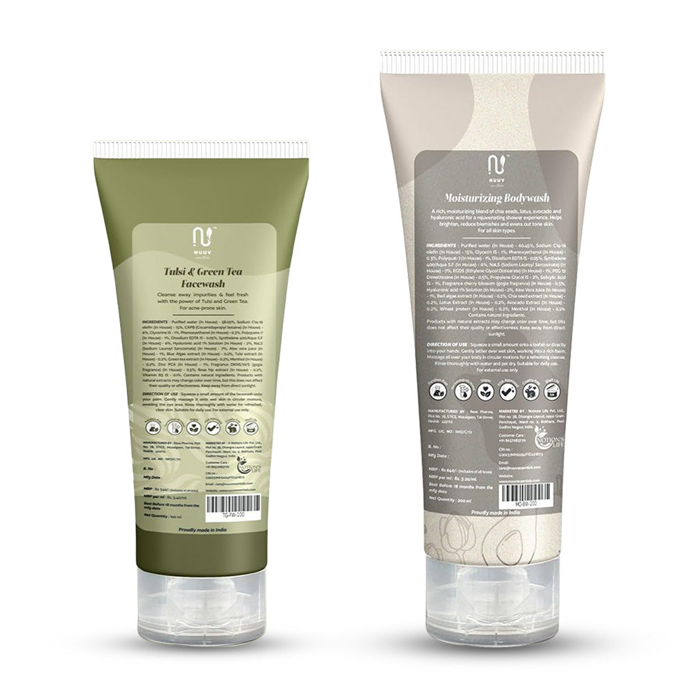 Nuuv Essential Combo - Tulsi & Green Tea Facewash & Moisturizing Bodywash | Daily Glow Duo | Vegan | Paraben-Free | Glow and Hydration | For All Skin Types | 100ml + 200ml